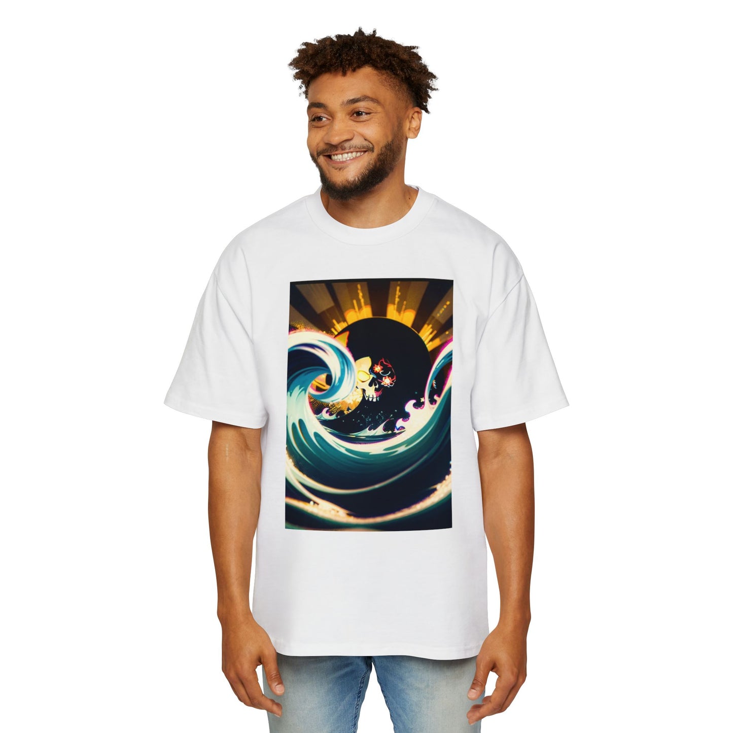 Men's Heavy Oversized Tee with Coastal Wave Art - Casual Beach Vibes