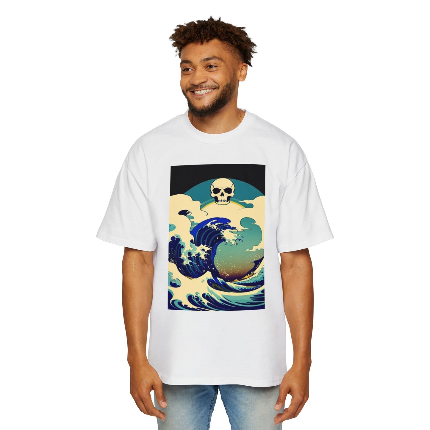 Ocean Wave Skull Men's Oversized Tee - Bold Graphic T-Shirt for Beach Lovers