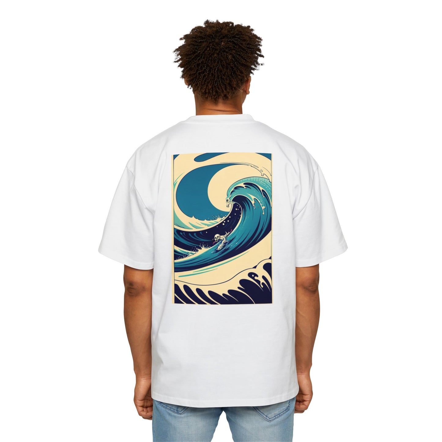 Men's Heavy Oversized Tee with Coastal Wave Art - Casual Beach Vibes