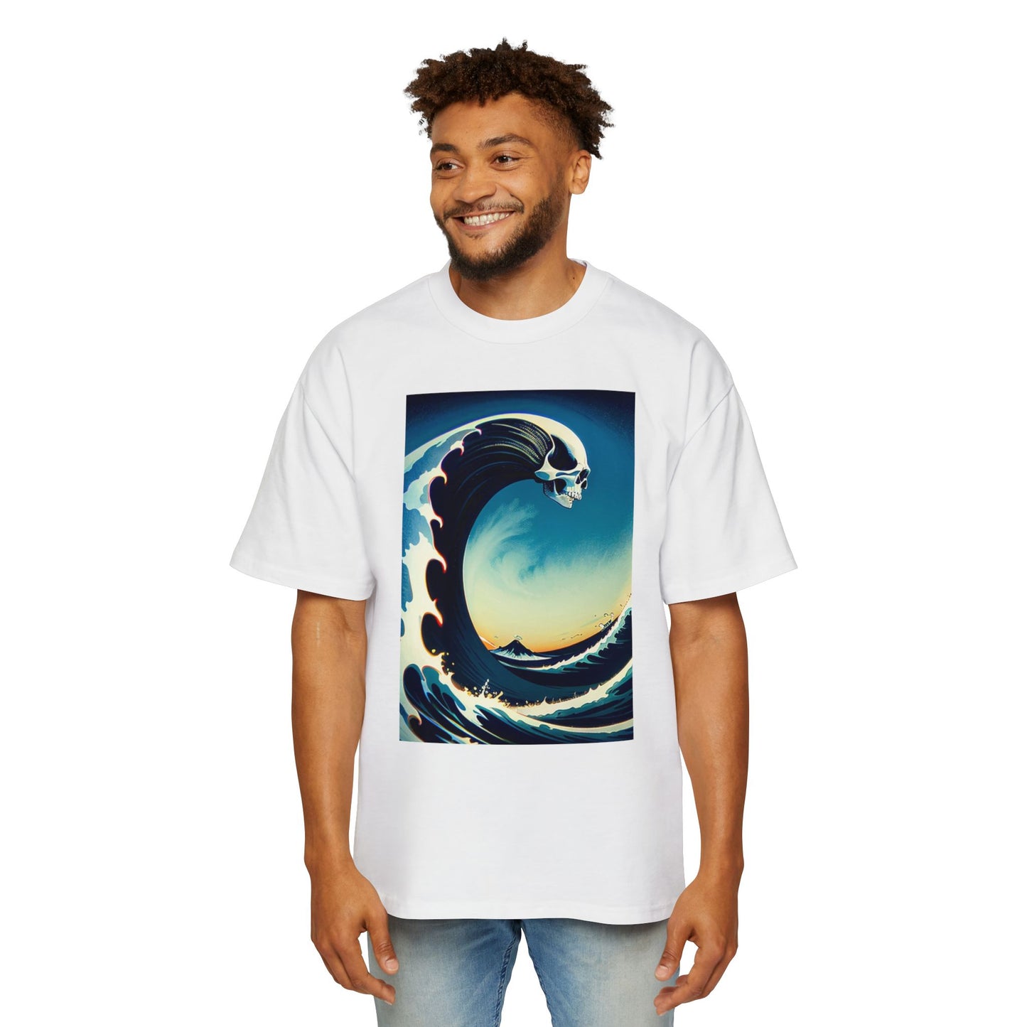Men's Heavy Oversized Tee - Skull Wave Graphic T-Shirt