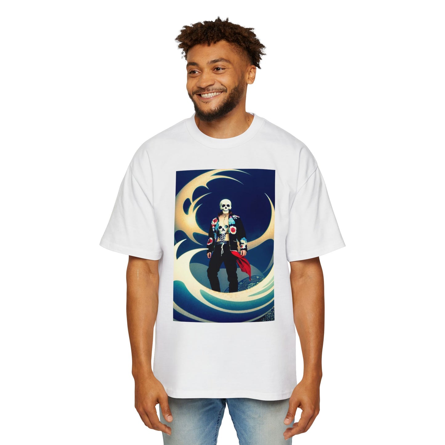 Men's Heavy Oversized Tee - Skull Wave Graphic Tee for Casual Style